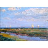 VASSILIS MAGIASSIS (1880-1926), framed oil on card, signed, estuary landscape with boats on the