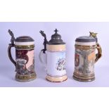 A GOOD STYLISH PAIR OF MATTLACH STONEWARE STEINS together with another painted porcelain stein.