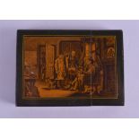 A 19TH CENTURY CHINESE PRINTED AND LACQUERED WOOD CARD CASE decorated with scenes of interiors