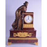 A VERY LARGE 19TH CENTURY FRENCH ORMOLU AND RED MARBLE MANTEL CLOCK modelled as a classical maiden