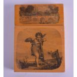 AN UNUSUAL 19TH CENTURY PRINTED WOOD CARD CASE decorated with Continental scenes of putti and