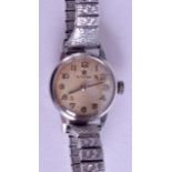 A VINTAGE WHITE METAL OMEGA LADIES WRISTWATCH with expandable strap. 1.75 cm diameter.