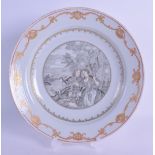 AN 18TH CENTURY CHINESE EN GRISAILLE DECORATED EUROPEAN SUBJECT PLATE Qianlong, painted with three