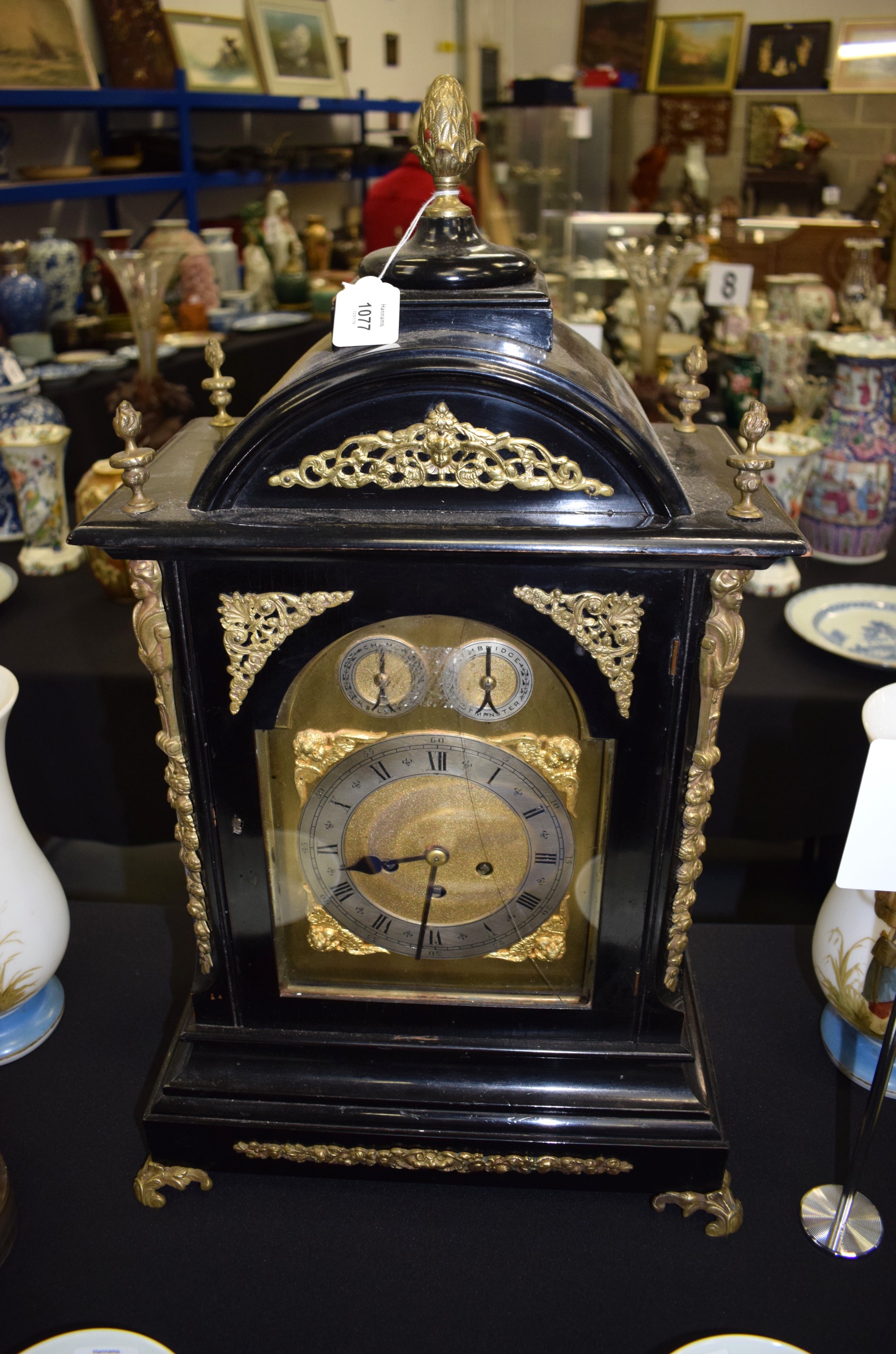 A VERY LARGE 19TH CENTURY EBONISED WESTMINSTER CHIMING BRACKET CLOCK with brass mounts, supported - Bild 3 aus 10