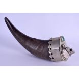A LATE 19TH CENTURY CONTINENTAL CARVED BUFFALO HORN TABLE LIGHTER mounted in malachite and silver