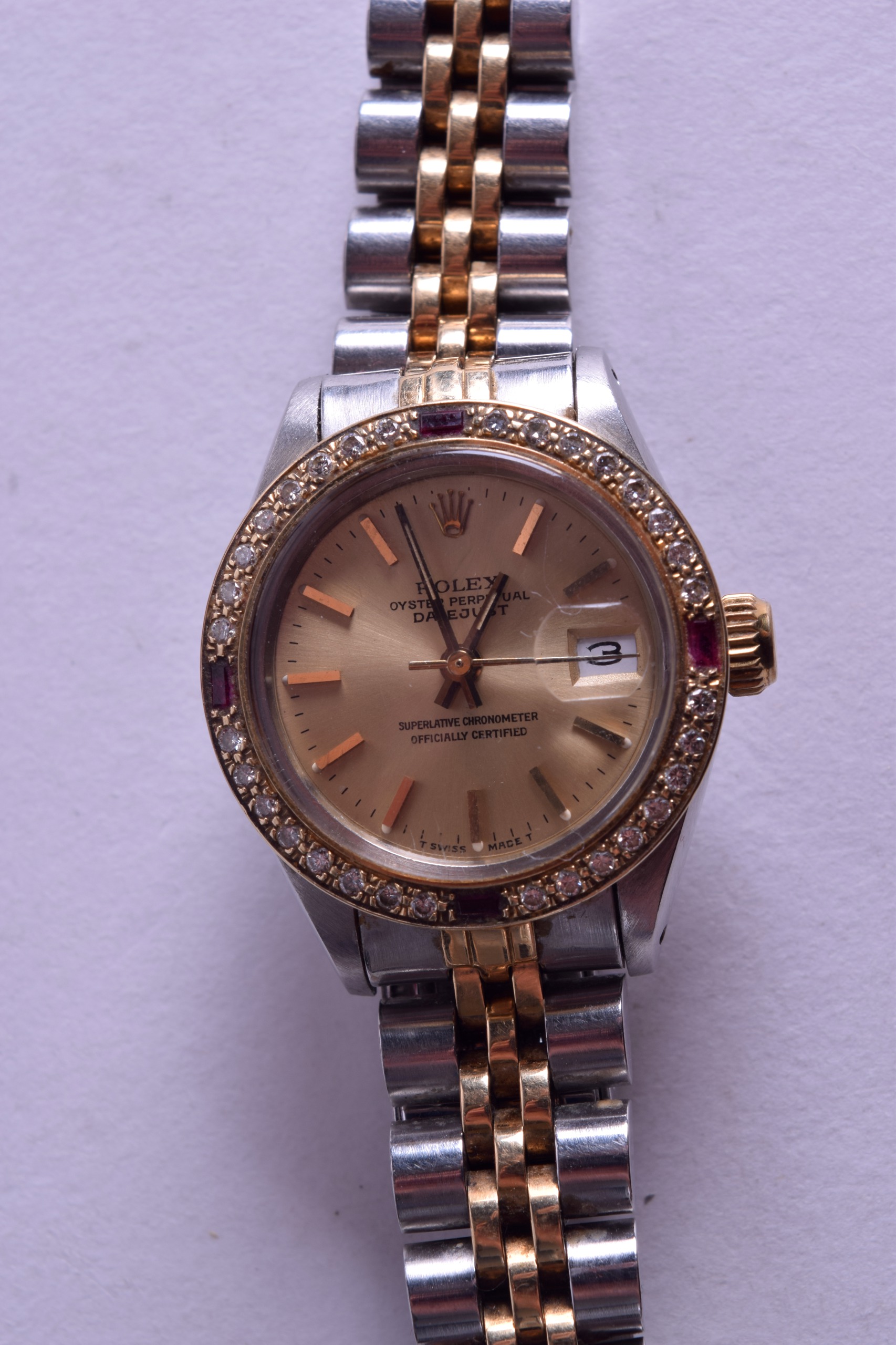 A LADIES GOLD STEEL AND DIAMOND ROLEX WRISTWATCH with original box and papers. Dial 2.5 cm - Image 2 of 3