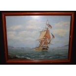 J MCKENZIE (Scottish), framed oil on board, signed, ship sailing through choppy waters. 39 cm x 54