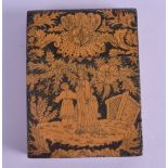 AN UNUSUAL 19TH CENTURY PRINTED AND LACQUERED WOOD CARD CASE decorated with Chinoiserie scenes. 7 cm