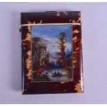 AN UNUSUAL 19TH CENTURY REVERSE PAINTED TORTOISESHELL CARD CASE painted with figures fishing upon