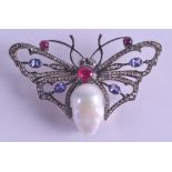 A ROSE GOLD SILVER DIAMOND AND PEARL BROOCH in the form of a butterfly. 32.2 grams. 7 cm x 4.5 cm.