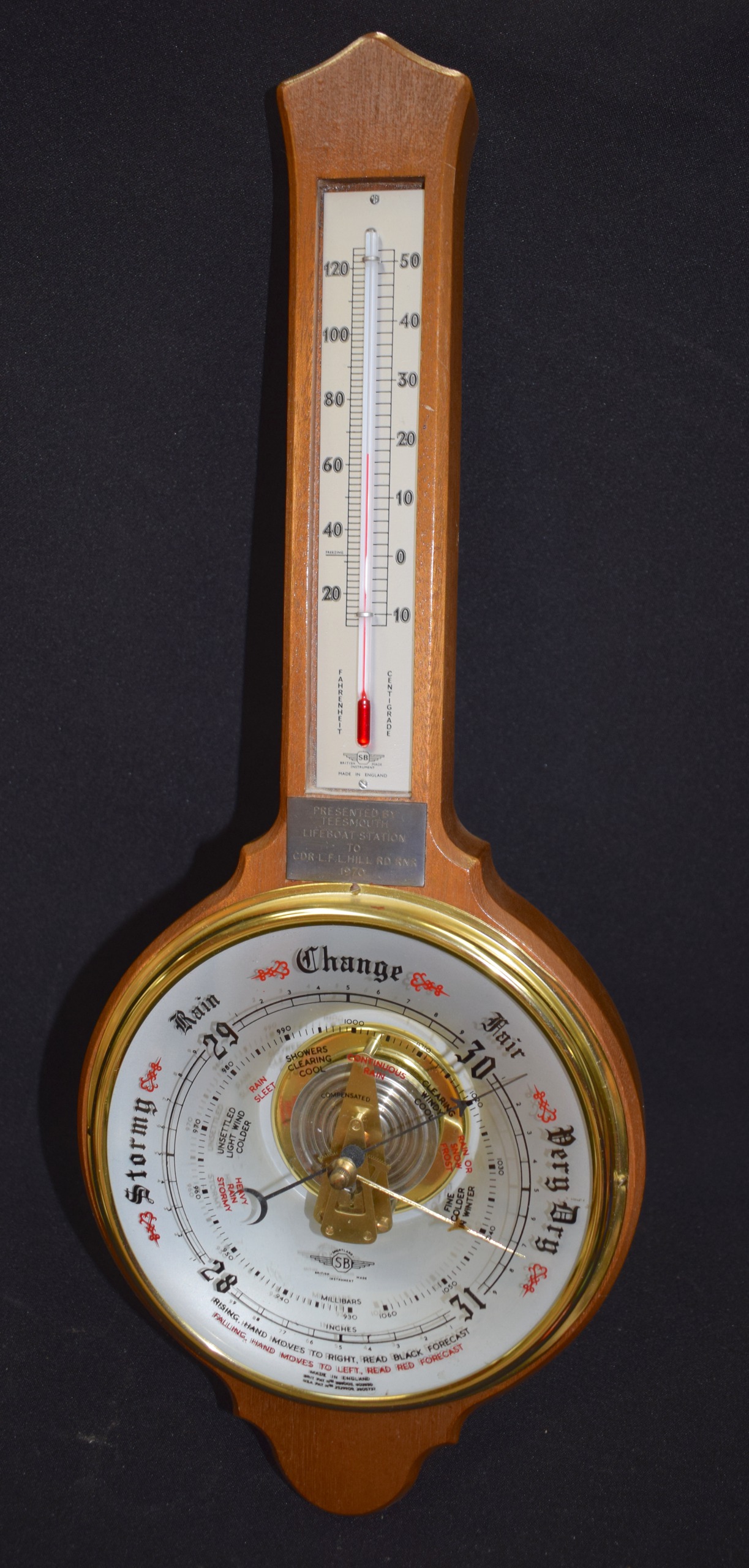 A BAROMETER, presented by Teesmouth Lifeboat Station to CDR L.F.L Hill RD RND 1970. 48 cm long.