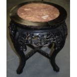 A CHINESE CARVED HARDWOOD MARBLE INSET STAND, with carved foliate frieze. 48 cm x 46 cm.