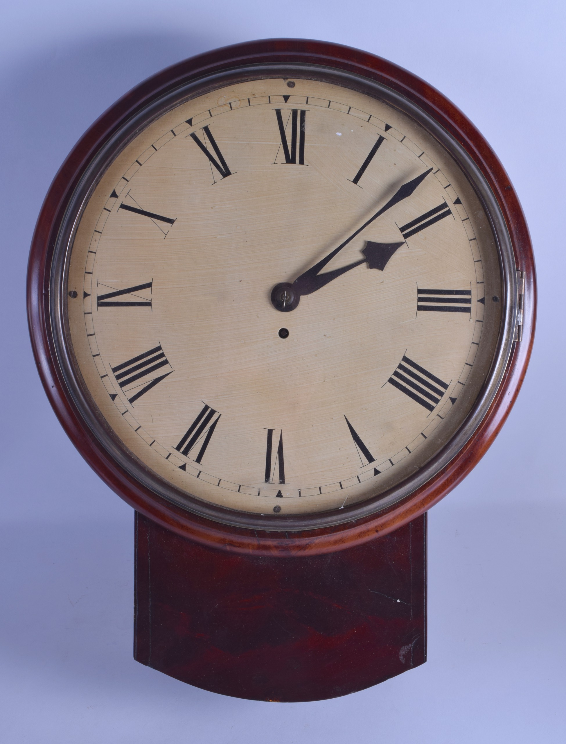 A LARGE MAHOGANY DROP DIAL FUSEEE WALL CLOCK with large cream dial with black numerals. 42 cm x 56