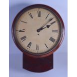 A LARGE MAHOGANY DROP DIAL FUSEEE WALL CLOCK with large cream dial with black numerals. 42 cm x 56