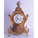 A LATE 19TH CENTURY FRENCH VERNE MATIN LACQUERED MANTEL CLOCK painted with lovers within landscapes,