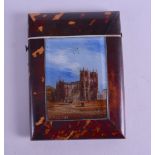 AN UNUSUAL 19TH CENTURY CARVED TORTOISESHELL CARD CASE reverse painted with a town square scene. 7.5