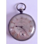 A VICTORIAN SILVER POCKET WATCH with silvered dial and floral engraving. 5 cm diameter.