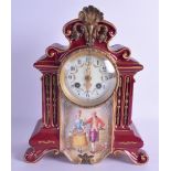A LATE 19TH CENTURY CONTINENTAL POTTERY MANTEL CLOCK painted with two lovers within a landscape.