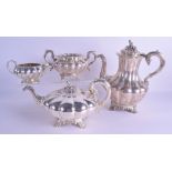 A GOOD VICTORIAN FOUR PIECE SILVER TEASET with fruiting finials and acanthus capped feet. London