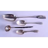A LARGE EARLY VICTORIAN SILVER SERVING SPOON together with two spoons & an early silver toddy ladle.