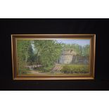 P PIRKETT (British), framed oil on board, signed, "Arlington Castle, Kent". 24 cm x 50 cm.