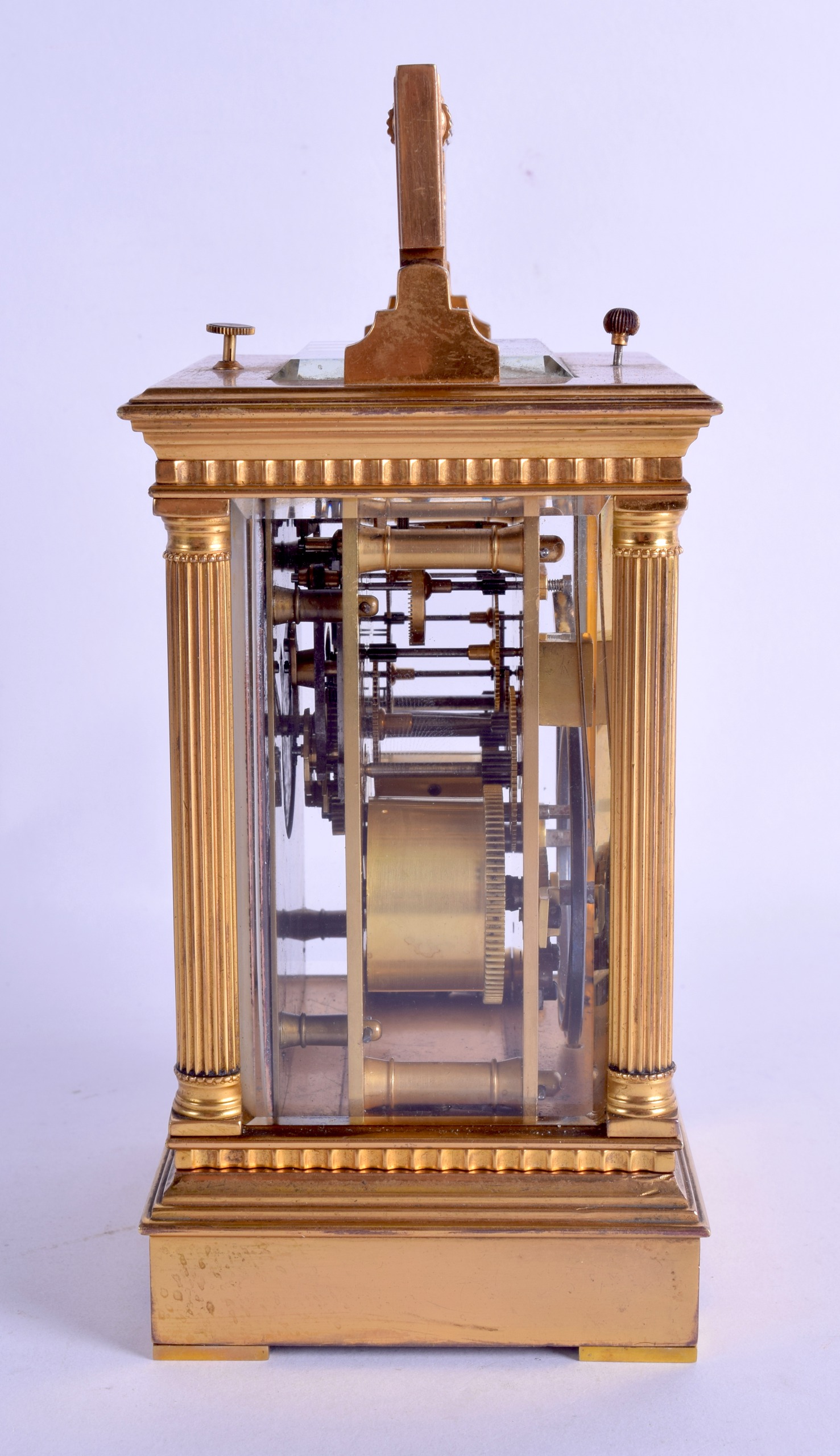 A 19TH CENTURY FRENCH REPEATING MUSICAL CARRIAGE CLOCK with white enamel dial and column supports. - Bild 2 aus 4