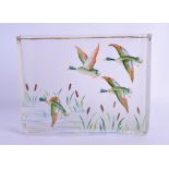 A 1950S EUROPEAN FROSTED GLASS VASE enamelled with ducks in flight. 20 cm x 15 cm.