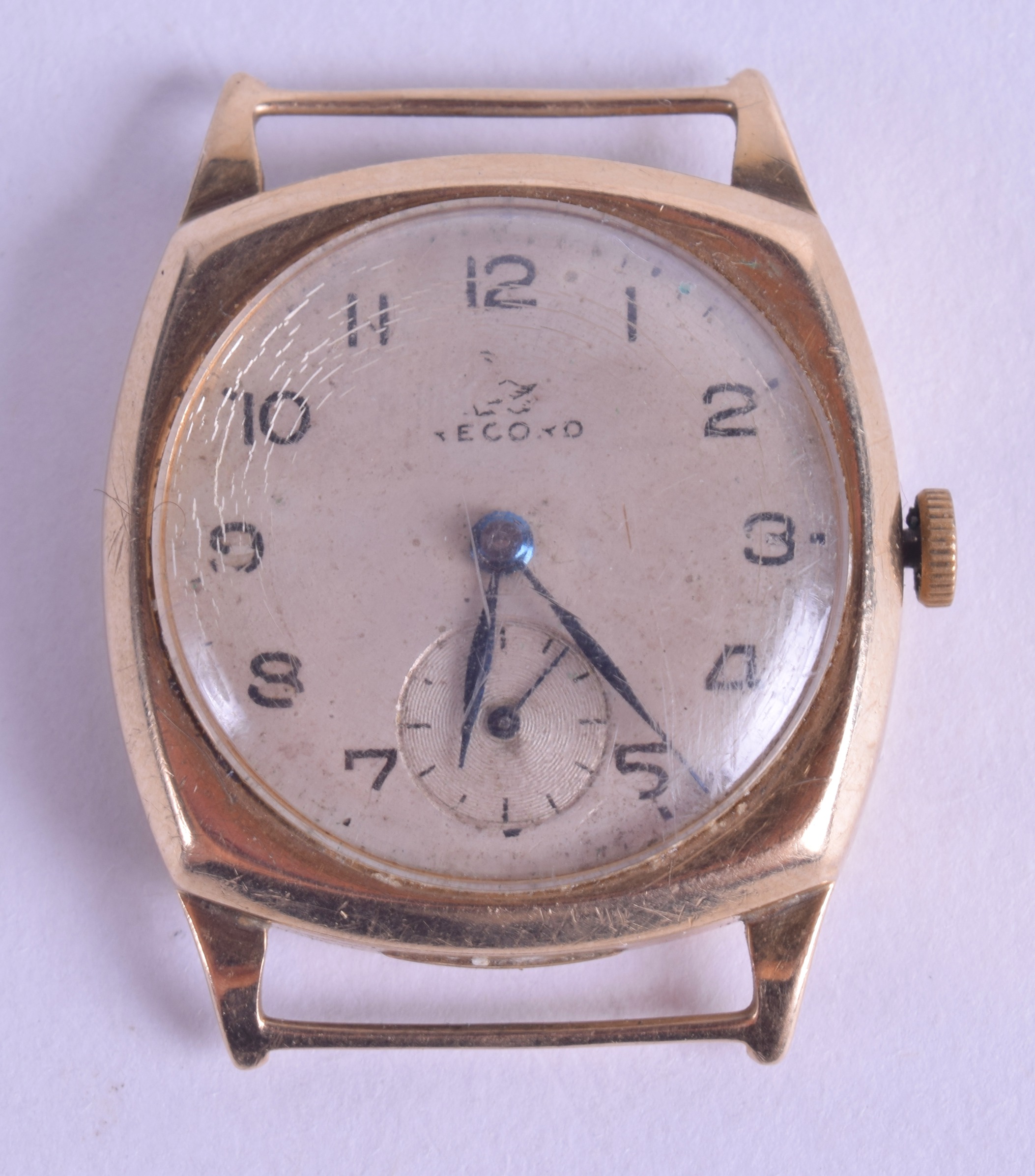 A VINTAGE 9CT GOLD RECORD WATCH DIAL FACE and movement. 17.6 grams. 2.5 cm wide.