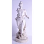 A LARGE MID 19TH CENTURY PARIAN WARE FIGURE OF A CLASSICAL FEMALE modelled roaming upon a circular