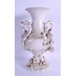 A LARGE 19TH CENTURY FRENCH TWIN HANDLED BLANC DE CHINE VASE encrusted and overlaid with flowers and