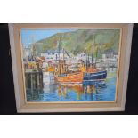 C M LIVINGSTON (British), framed oil on board, boats in a harbour. 42 cm x 52 cm.