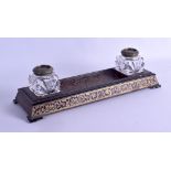 A 19TH CENTURY FRENCH BOULLE WORK INKWELL with twin glass bottles, decorated with extensive