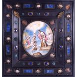 A FINE 19TH CENTURY ITALIAN FRAMED ICON WATERCOLOUR contained within a lovely lapis lazuli, coral