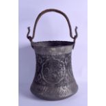 A 19TH CENTURY PERSIAN PEWTER TYPE MIXED METAL BASKET with swing handle, decorated with birds and