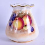 Royal Worcester pie crust rim vase painted with blackberries and apples by Roberts, signed C1952.