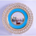 Late 19th c. Minton plate painted with Chelsea Hospital from the Thames under a turquoise and