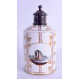 A LATE 18TH/19TH CENTURY CONTINENTAL PORCELAIN TEA CANISTER with silver mounts, painted with