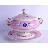 Early 19th c. Flight Barr and Barr large tureen, cover and stand painted with flowers on a pink