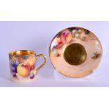 Royal Worcester fruit painted coffee can and saucer both signed by Roberts black mark.