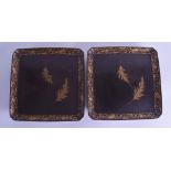 A FINE PAIR OF 19TH CENTURY JAPANESE MEIJI PERIOD BLACK LACQUER SQUARE FORM DISHES painted with