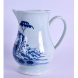 Chaffers Liverpool sparrow beak jug of unusual bellied shape painted in blue with a hut on an