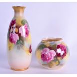 Royal Worcester vase finely painted with Hadley style roses, signed by M. Hunt, puce mark, shape