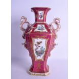 Coalport rare vase in Chelsea style painted with landscapes on a crimson ground, drilled to base