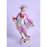 18th c. Meissen figure of man holding a stick with his coat tails full of flowers. 14 cm high.