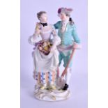 18th c. Meissen figure of a well dressed man with a shovel and a lady holding a basket of flowers,