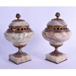 A GOOD PAIR OF 19TH CENTURY FRENCH CARVEDS FELSPAR VASES AND COVERS the Bluejohn style vases with