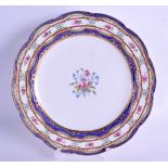 Sevres dessert plate painted bouquet of pink roses and cornflowers, the border with a blue enamel