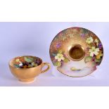 Royal Worcester miniature teacup and saucer painted with primroses by Miss Twinborrow, saucer signed