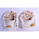 Royal Worcester pair of wall pockets, depicted as two children picking fruit date code R for 1880.