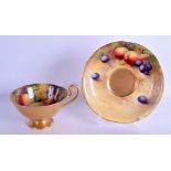 Royal Worcester fruit painted teacup and saucer with shaped rims both signed by H. Ayrton, date